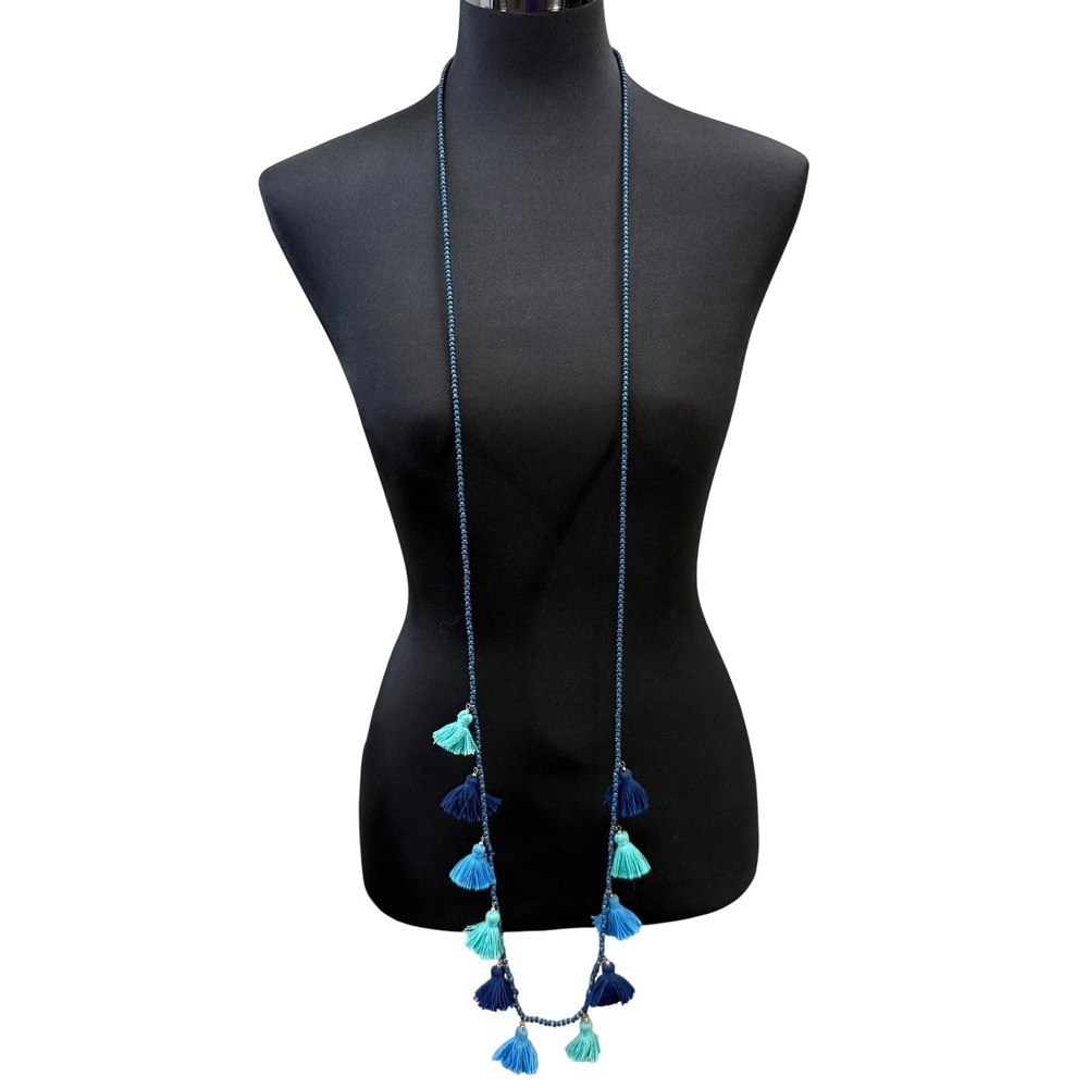 Vineyard Vines Long Tassel Beaded Necklace Blue Aqua Gold Tone Charm Jewelry
